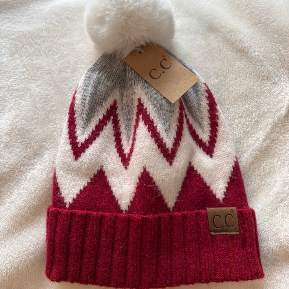 C.C Kids Burgundy and White Chevron Pom Beanie